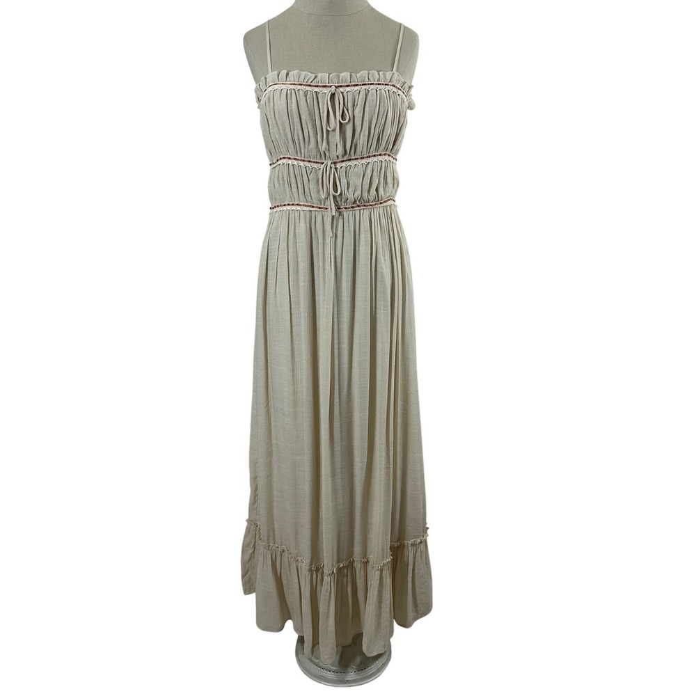 Thirty Thirty LA Womens Beige Smocked Ruffle Maxi Dress Prairie Size M Boho